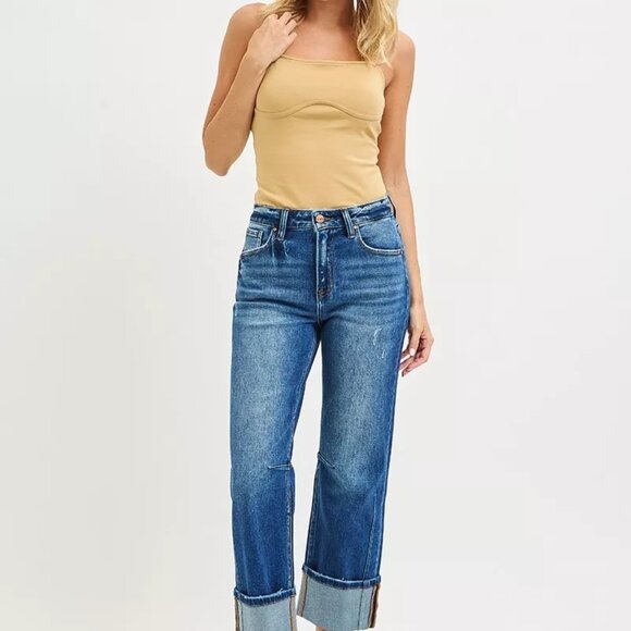 RISEN High Rise Straight Jeans with Distressed Hem - Picture 12 of 16